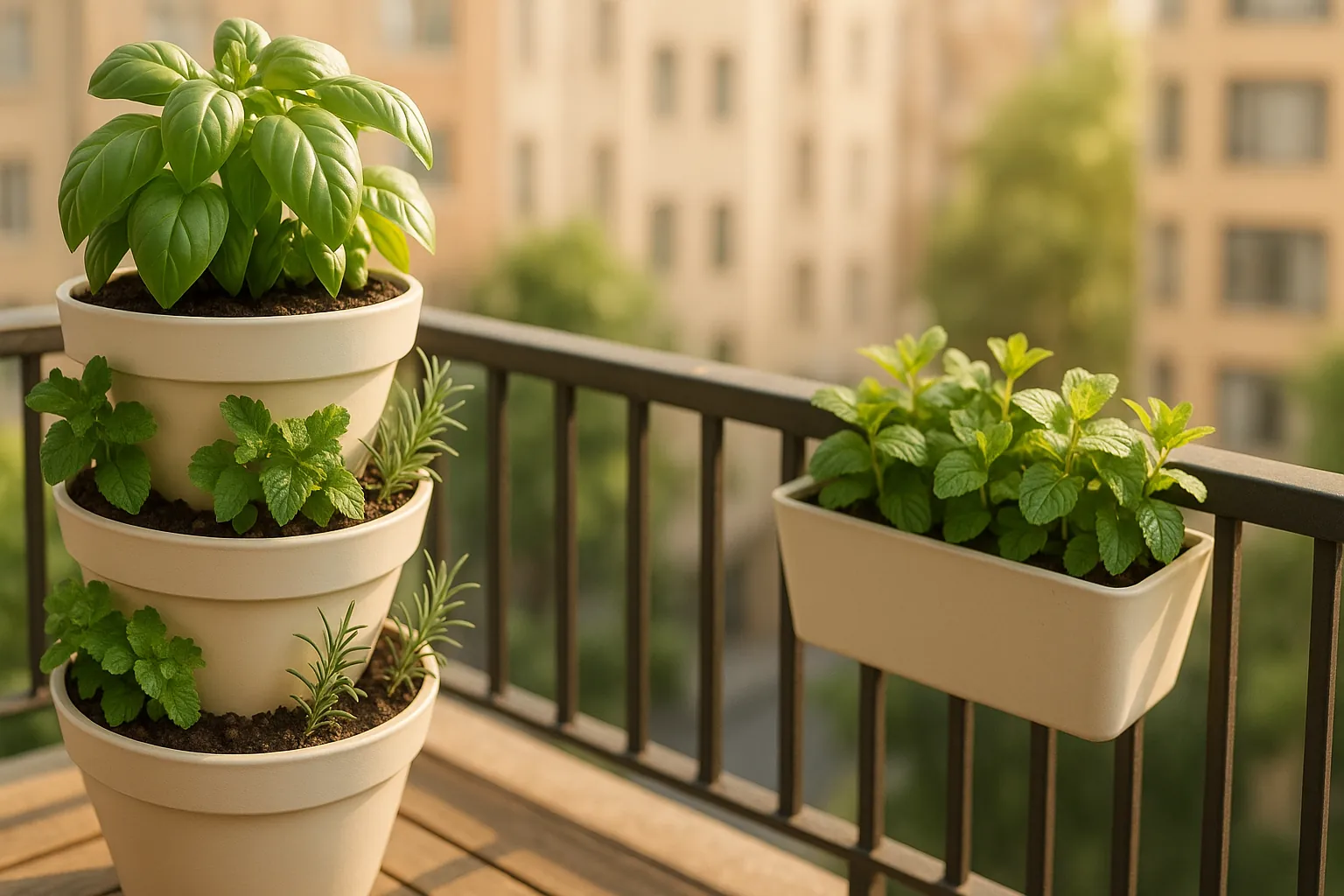 Multi-tiered vertical herb planter in a small balcony